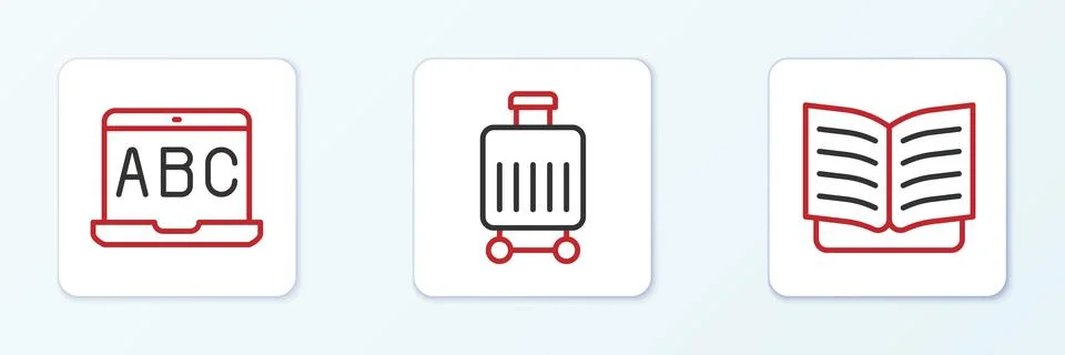 Set line Open book, Foreign language online study and Suitcase icon. Vector Stock Illustration