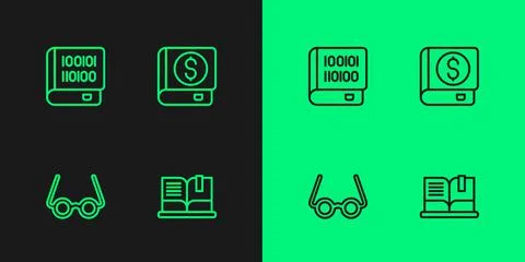 Set line Open book, Glasses, Books about programming and Financial icon. Vector Illustrazione stock