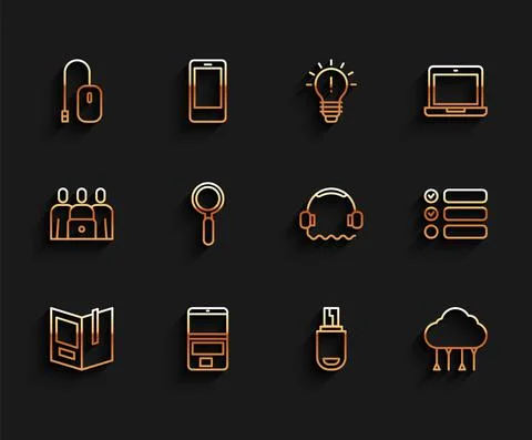 Set line Open book, Laptop, Computer mouse, USB flash drive, Network cloud 스톡 일러스트