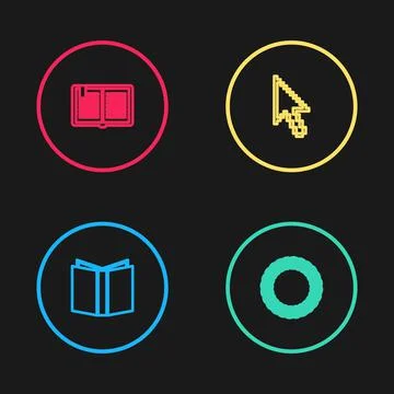 Set line Open book, Laurel wreath, Pixel arrow cursor and icon. Vector Stock Illustration