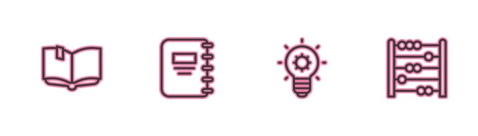 Set line Open book, Light bulb, Notebook and Abacus icon. Vector Stock Illustration