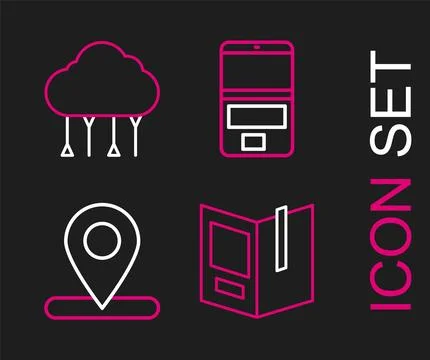 Set line Open book, Location, Laptop and Network cloud connection icon. Vecto Illustrazione stock