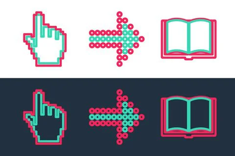 Set line Open book, Pixel hand cursor and Dots arrow icon. Vector 스톡 일러스트