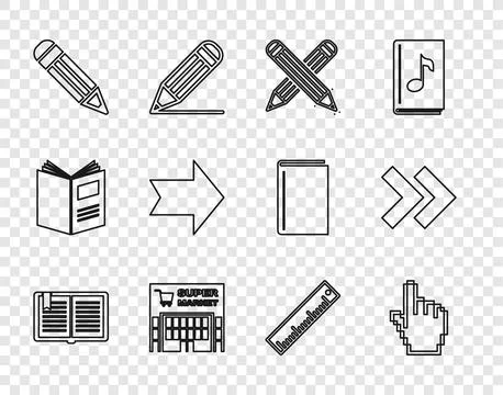 Set line Open book, Pixel hand cursor, Crossed pencil, Supermarket building.. Ilustración de archivo