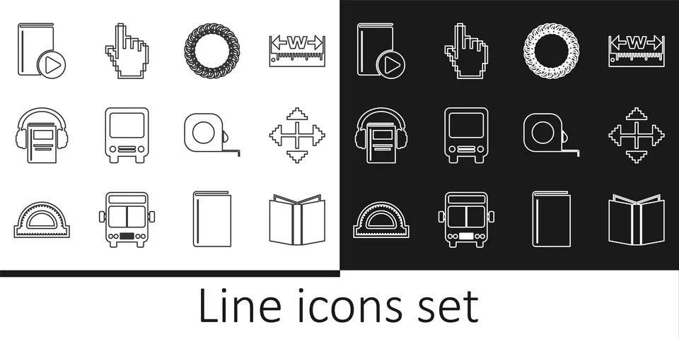 Set line Open book, Pixel arrows in four directions, Laurel wreath, Bus, Au.. Stock Illustration