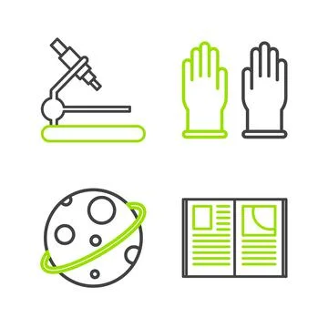 Set line Open book, Planet, Rubber gloves and Microscope icon. Vector Stock Illustration
