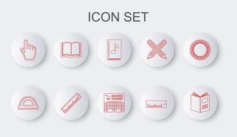 Set line Open book, Protractor grid, Audio, Ruler, Pixel hand cursor, and 스톡 일러스트