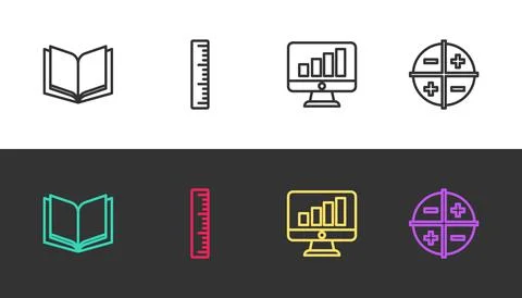 Set line Open book, Ruler, Computer monitor with graph chart and XYZ Coordinate Illustrazione stock