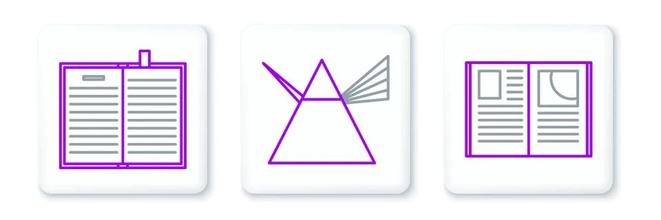Set line Open book, science and Light rays in prism icon. Vector Stock Illustration