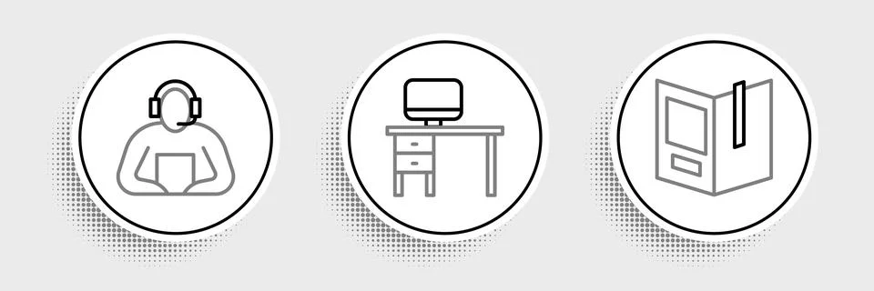 Set line Open book, Student and Computer monitor and desk icon. Vector Stock Illustration