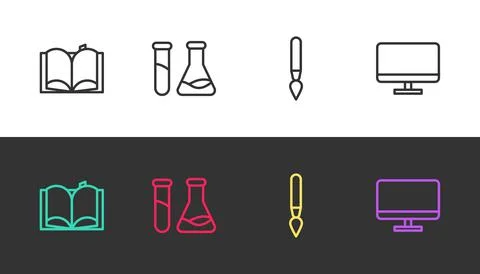Set line Open book, Test tube and flask, Paint brush and Computer monitor screen Stock Illustration