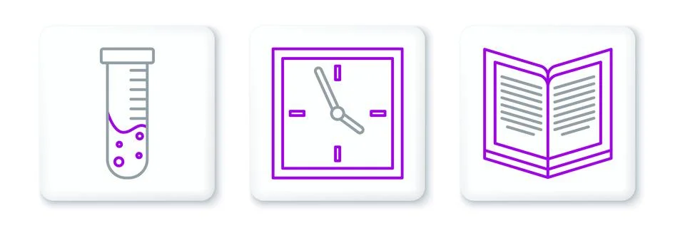 Set line Open book, Test tube and flask chemical laboratory and Clock icon Stock Illustration