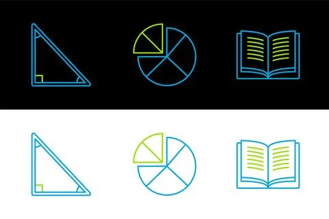 Set line Open book, Triangle math and Graph, schedule, chart, diagram icon... Stock Illustration