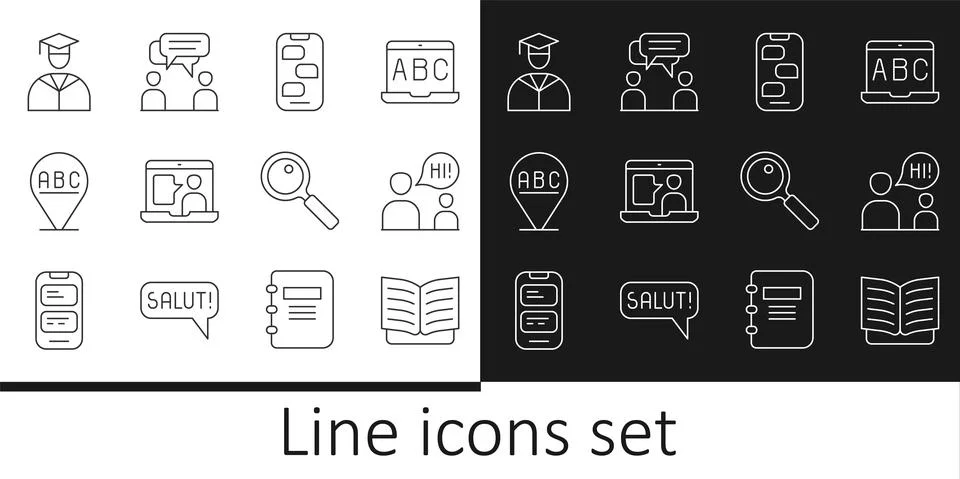 Set line Open book, Two sitting men talking, New chat messages notification イラスト素材