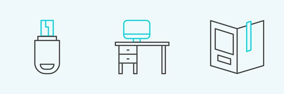 Set line Open book, USB flash drive and Computer monitor and desk icon. Vector Illustrazione stock