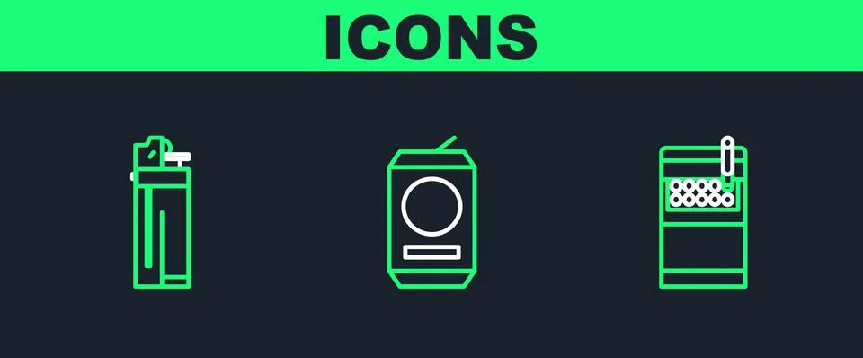 Set line Open cigarettes pack box, Lighter and Beer can icon. Vector Stock Illustration