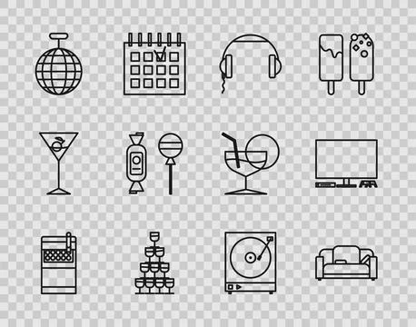 Set line Open cigarettes pack box, Sofa, Headphones, Wine glasses stacked in Stock Illustration