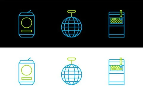 Set line Open cigarettes pack box, Beer can and Disco ball icon. Vector Stock Illustration