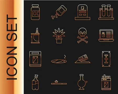 Set line Open cigarettes pack box, Buying drugs online on laptop, Tombstone.. Stock Illustration