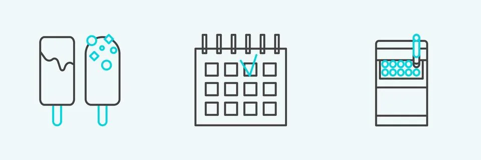 Set line Open cigarettes pack box, Ice cream and Detailed calendar icon. Vect Stock Illustration