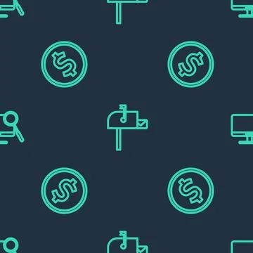 Set line Open mail box, Coin money with dollar and Computer monitor diagnostics Stock Illustration