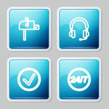 Set line Open mail box, Headphones, Check mark in circle and Clock 24 hours icon Illustrazione stock