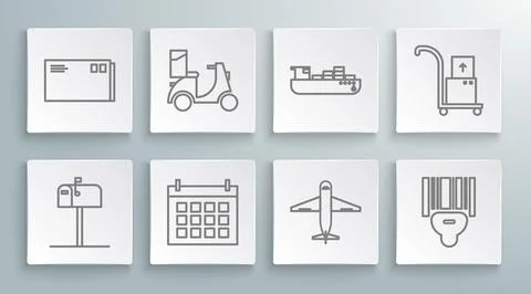 Set line Open mail box, Scooter delivery, Calendar, Plane, Scanner scanning bar Stock Illustration
