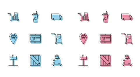 Set line Open mail box, Wooden, Electric hand truck and boxes, Scale with car Illustration