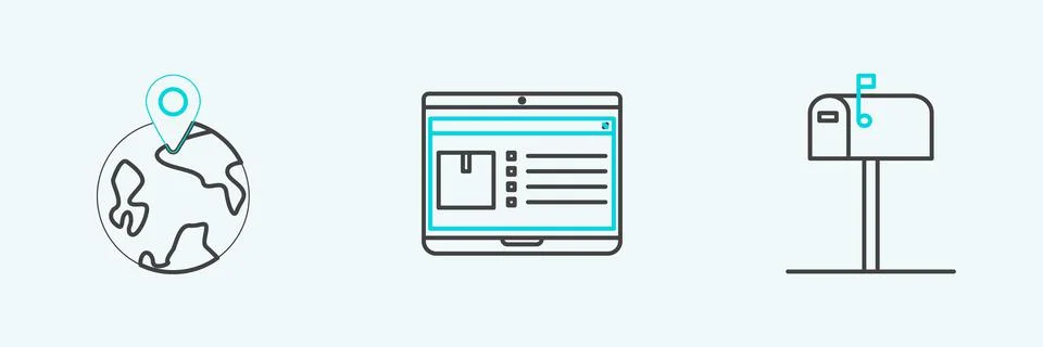 Set line Open mail box, Worldwide and Laptop with app delivery tracking icon. Illustrazione stock