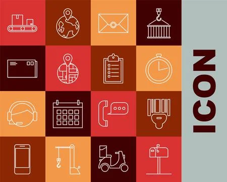 Set line Open mail box, Scanner scanning bar code, Stopwatch, Envelope, Conve Illustrazione stock