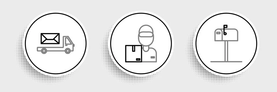 Set line Open mail box, Post truck and Delivery man with cardboard boxes icon Illustration