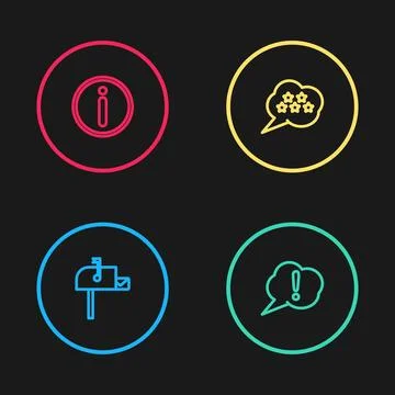 Set line Open mail box, Speech bubble Exclamation, Five stars rating review and Stock Illustration