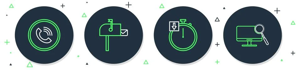 Set line Open mail box, Stopwatch, Phone call and Computer monitor diagnostics Stock Illustration