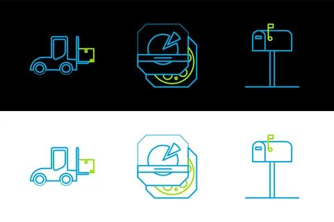 Set line Open mail box, Forklift truck and Pizza in cardboard icon. Vector Ilustración de archivo