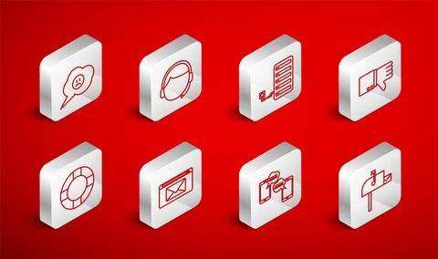 Set line Open mail box, Man with headset, Server, Dislike, Chat messages on.. Stock Illustration