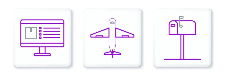 Set line Open mail box, Computer monitor with app delivery tracking and Pla.. Illustrazione stock