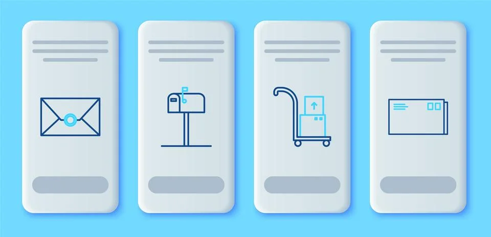 Set line Open mail box, Hand truck and boxes, Envelope and  icon. Vector Stock Illustration