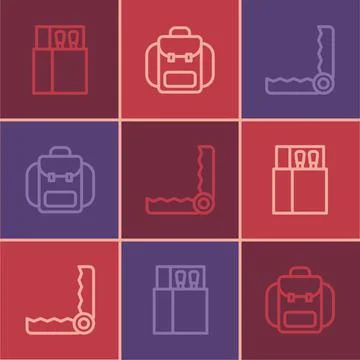 Set line Open matchbox and matches, Trap hunting and Hiking backpack icon Stock Illustration
