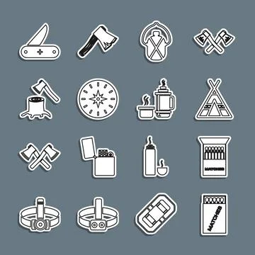Set line Open matchbox and matches, Tourist tent, Canteen water bottle, Compass Stock Illustration