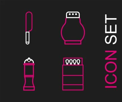 Set line Open matchbox and matches, Pepper, Salt pepper and Knife icon. Vector Stock Illustration