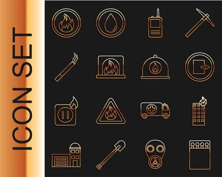 Set line Open matchbox and matches, Fire in burning building, exit, Walkie .. Ilustración de archivo