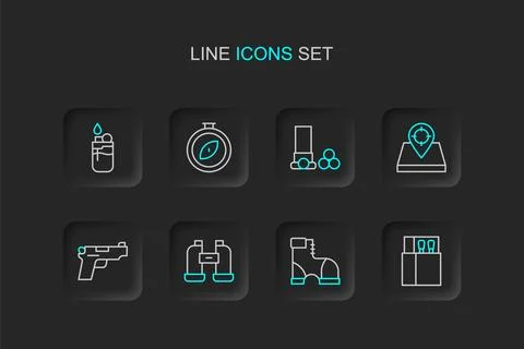Set line Open matchbox and matches, Hunter boots, Binoculars, Pistol or gun.. Stock Illustration