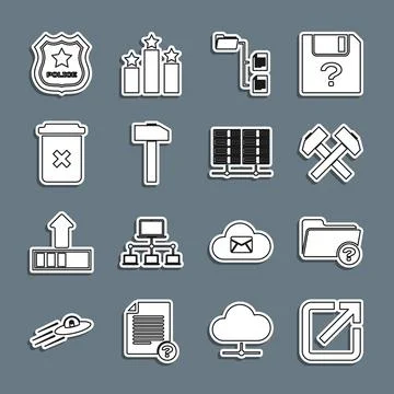 Set line Open in new window, Unknown directory, Two crossed hammers, Folder tree Stock Illustration