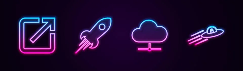 Set line Open in new window, Rocket ship with fire, Network cloud connection and Stock Illustration