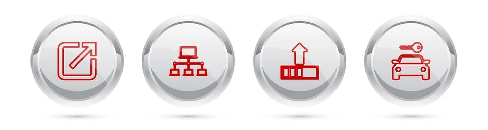 Set line Open in new window, Computer network, Loading and Car rental. Silver Stock Illustration