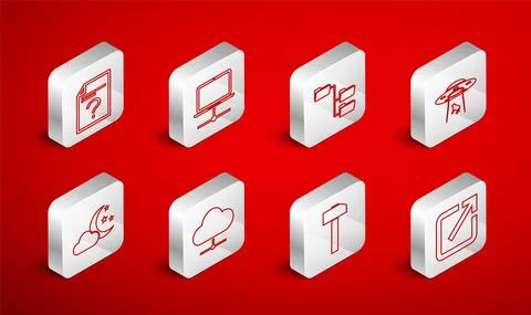 Set line Open in new window, Computer network, Folder tree, UFO abducts cow Stock Illustration