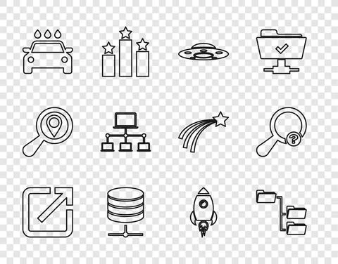 Set line Open in new window, Folder tree, UFO flying spaceship, Server, Data Stock Illustration