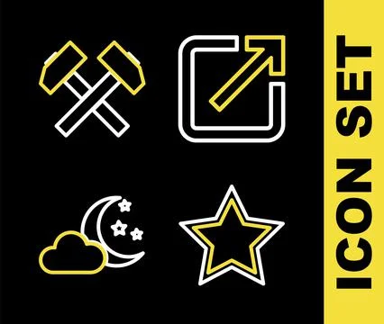 Set line Open in new window, Star, Cloud with moon and stars and Two crossed  Stock Illustration