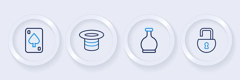Set line Open padlock, Bottle with potion, Magic hat and Playing cards icon.. Stock Illustration