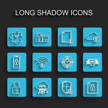 Set line Open padlock, Cloud api interface, Time Management, Shield security Stock Illustration